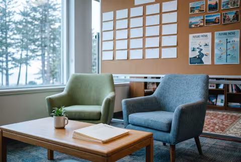 Career center office, seating area and corkboard — Standard page imagery, career services.