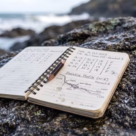 Field notebook with handwritten data, macro — Course imagery, field methods.